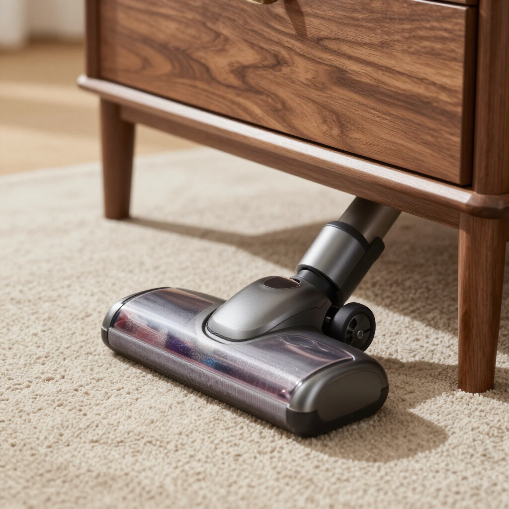 Vacuum cleaner head under a wooden dresser on beige carpet