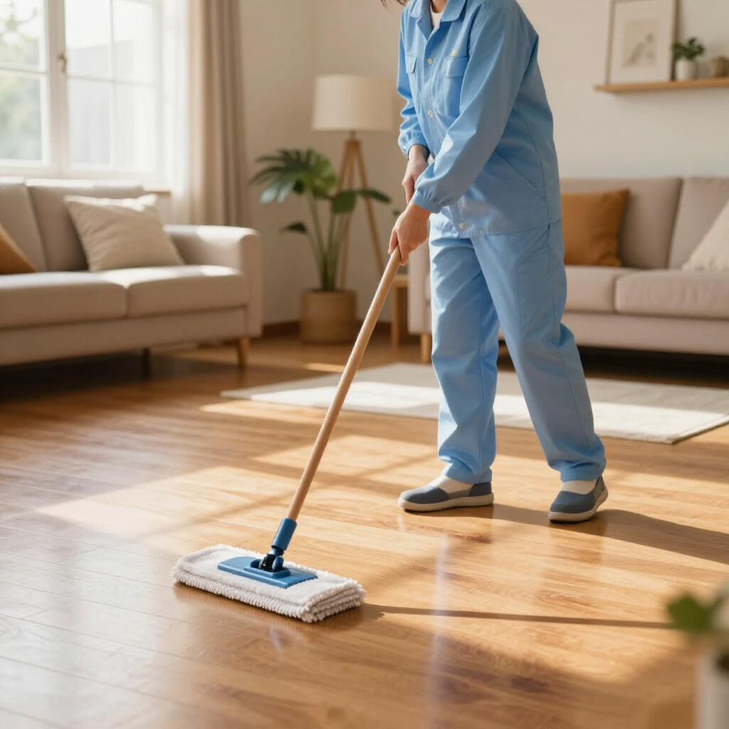 Person mopping a sunlit wooden floor in a living room with beige furniture