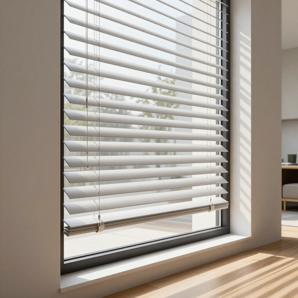 White window blinds partly open on a sunlit window in a modern room