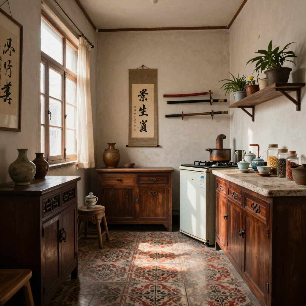 Sunlit rustic kitchen with wooden cabinets, patterned rug, hanging utensils, and potted plants