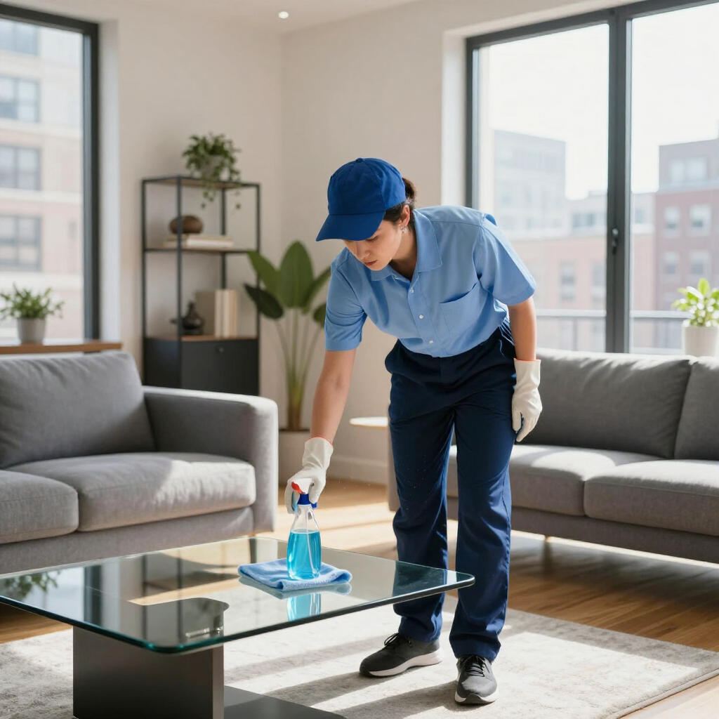 Cleaner mopping a glass coffee table in a bright living room with gray sofas and large windows