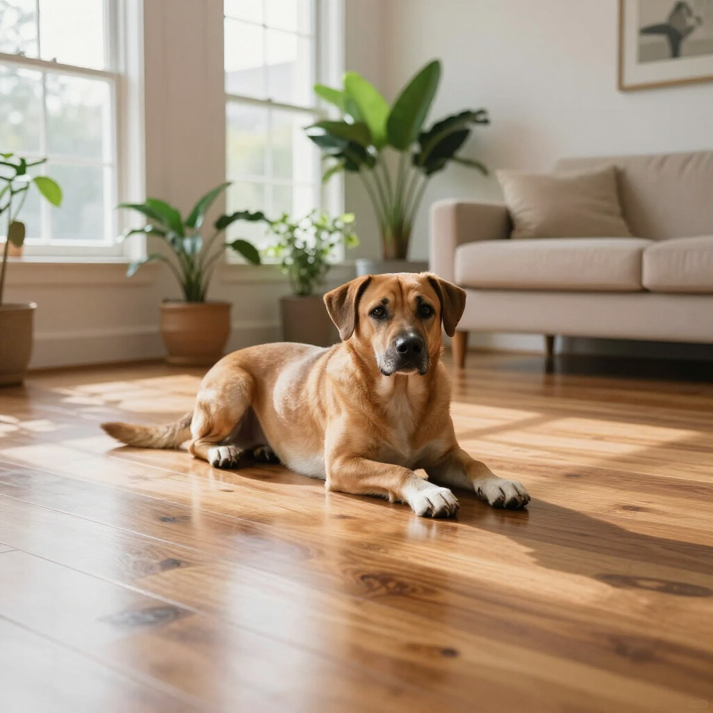 Brown dog lying on a sunlit hardwood floor in a bright living room with plants and a beige sofa