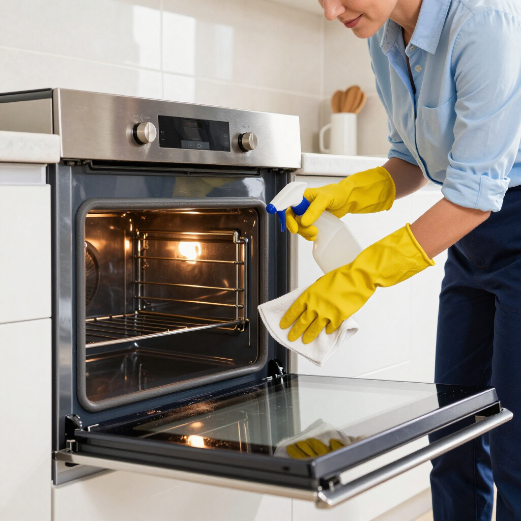Person wearing yellow gloves cleaning an open oven with spray bottle and cloth