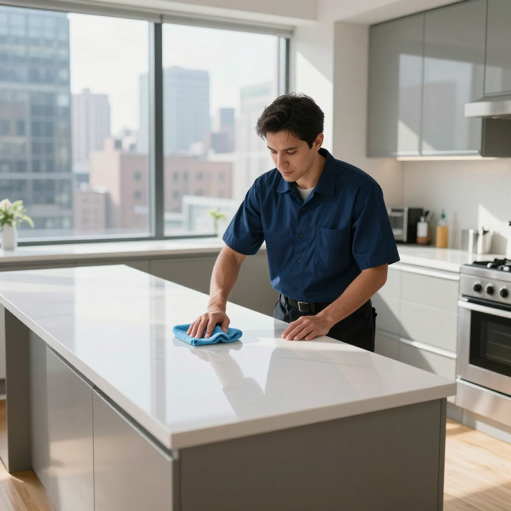 Man wiping a white kitchen island with a blue cloth in a bright modern apartment