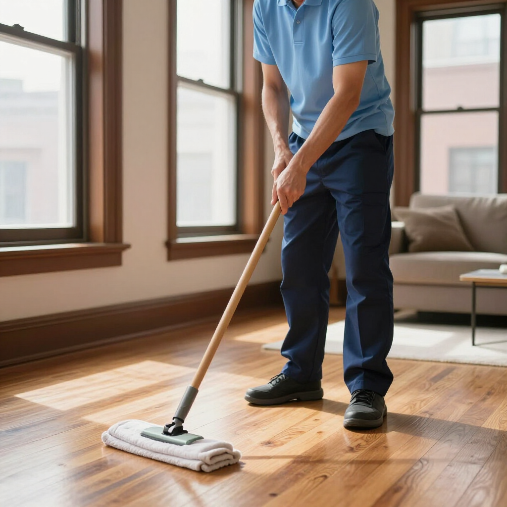 Person mopping a sunlit wooden floor in a living room