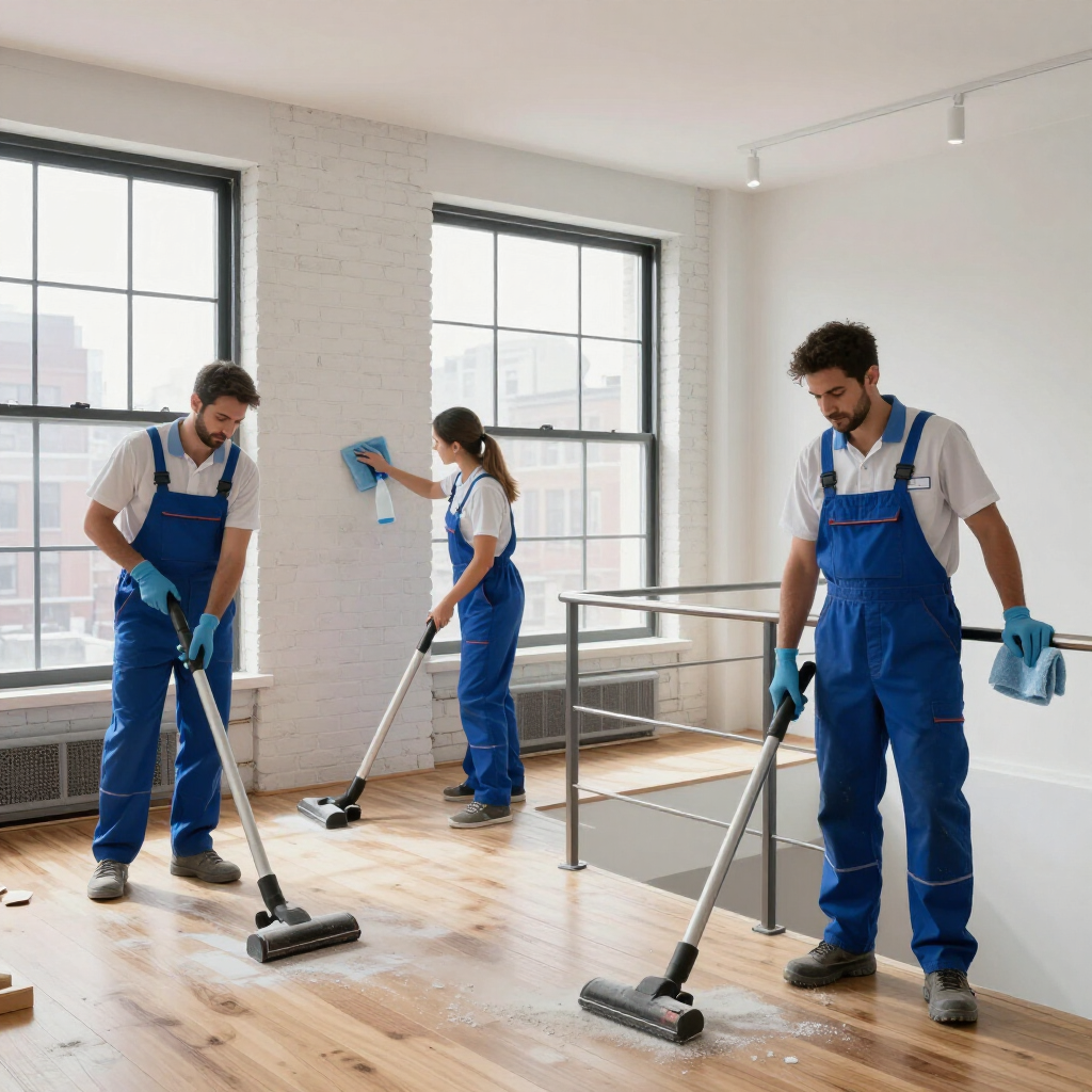Three cleaners in blue overalls mopping and vacuuming a bright room with large windows.