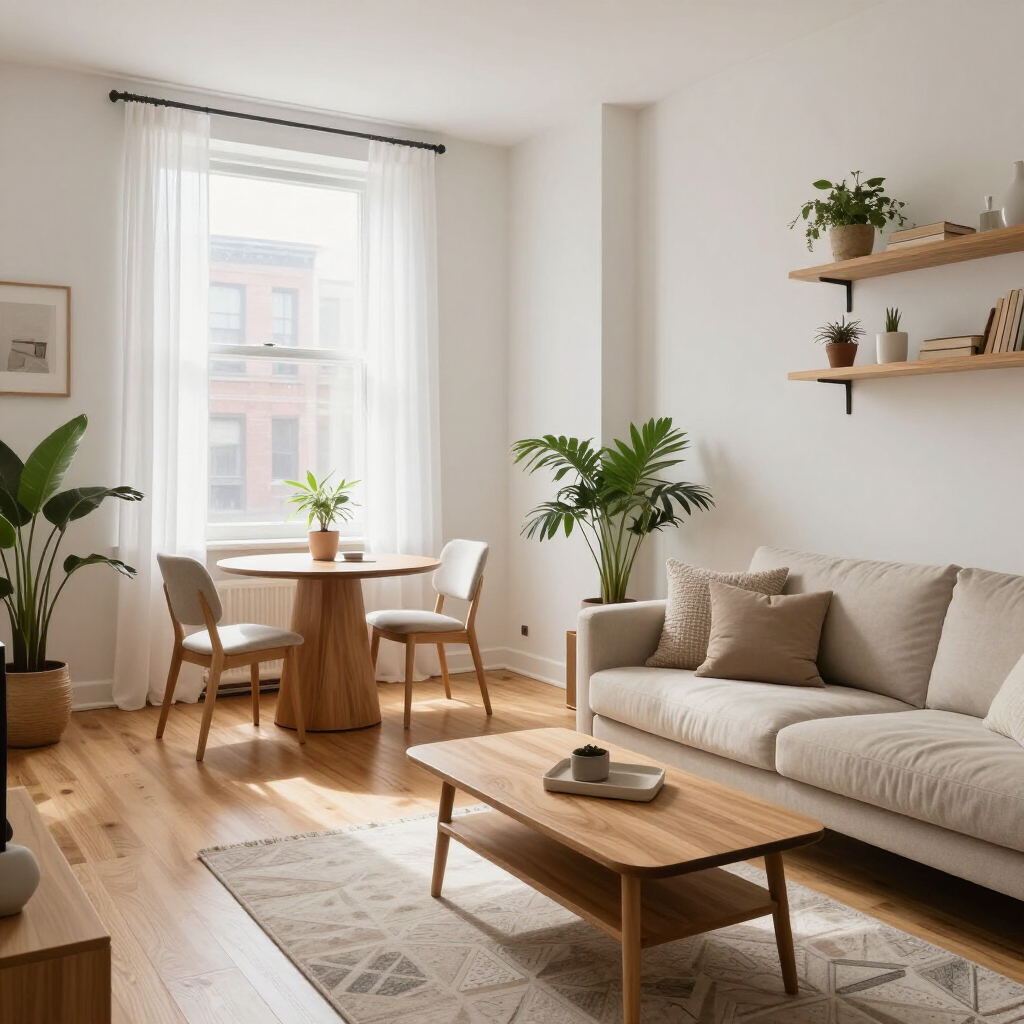 Bright living room with beige sofa, wooden coffee table, dining nook, plants, and sunlight from a large window