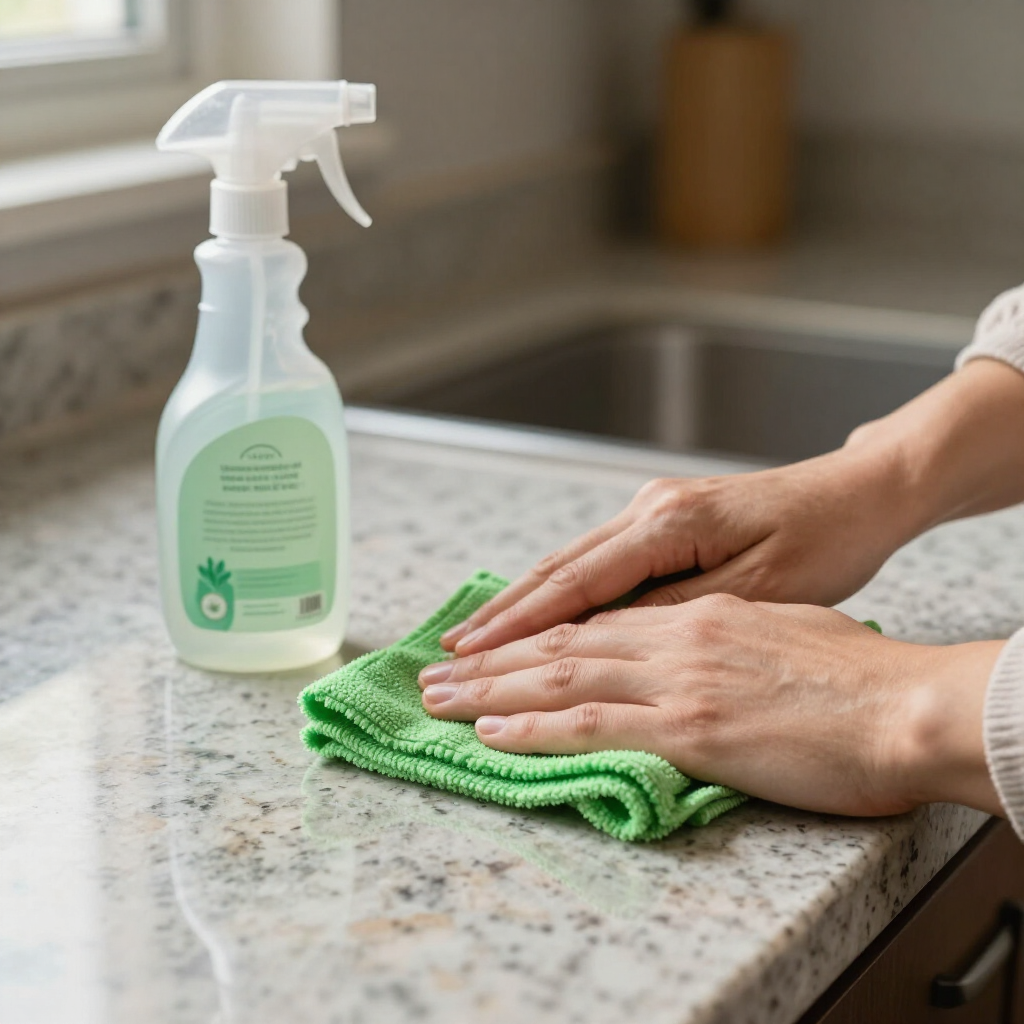 Hands wiping a speckled countertop with a green cloth beside a cleaning spray bottle
