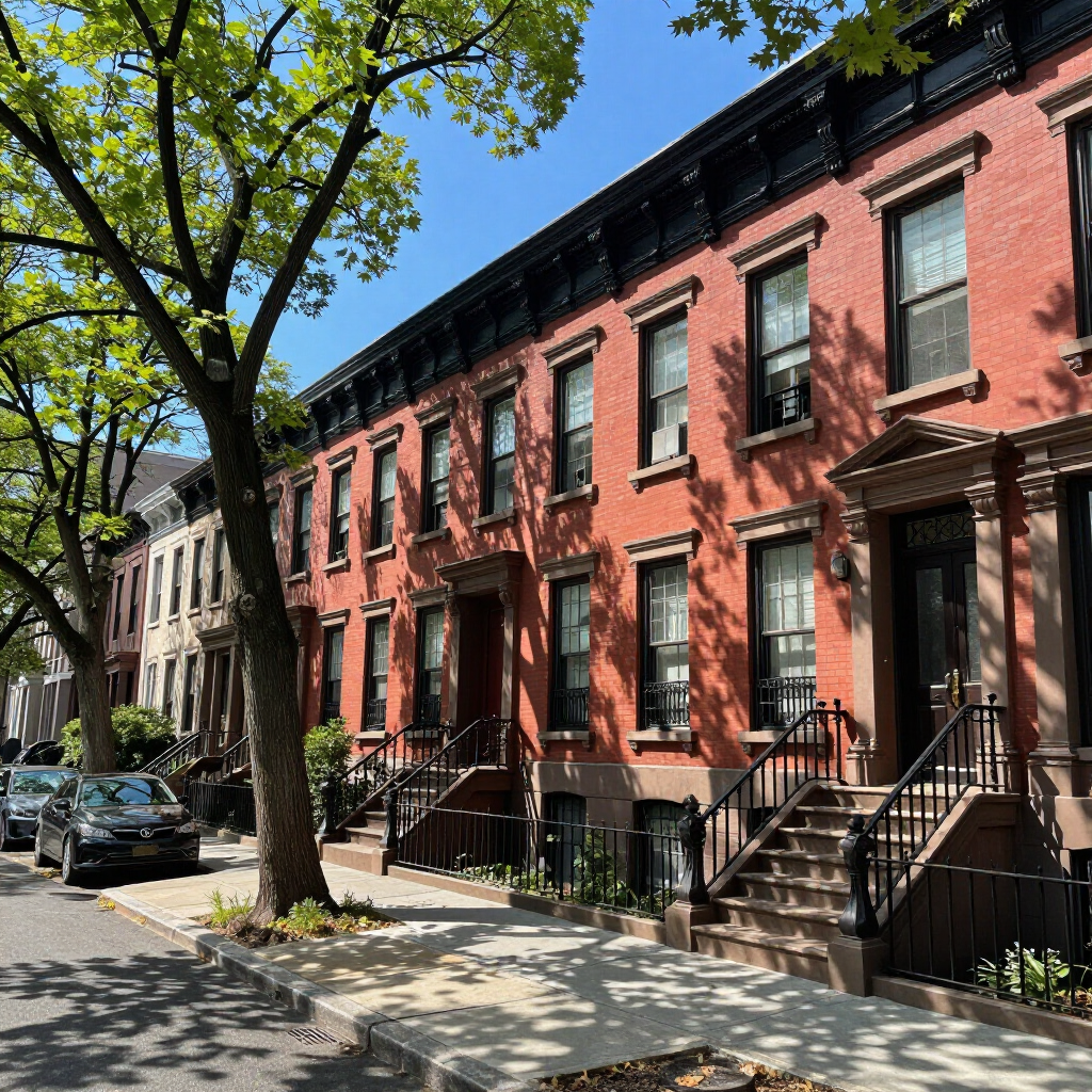 Sunlit row of red-brick townhouses with black stoops and a tree-lined sidewalk on a city street