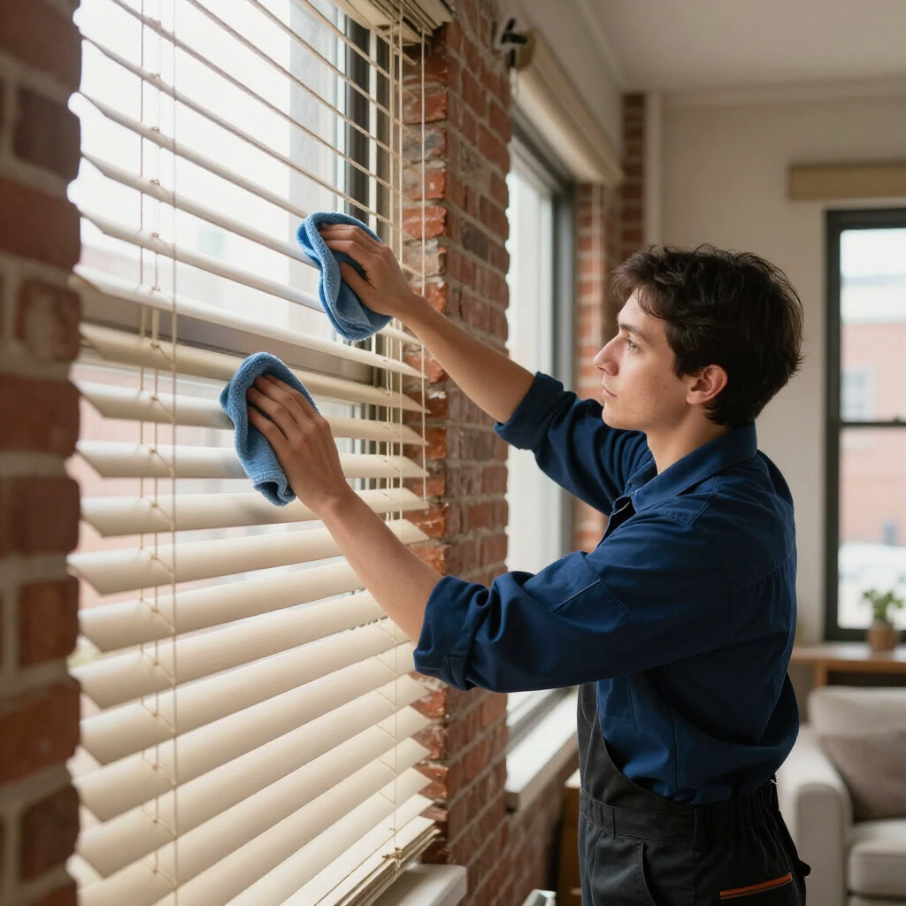 Person cleaning white window blinds with blue cloths beside a brick wall and living room window