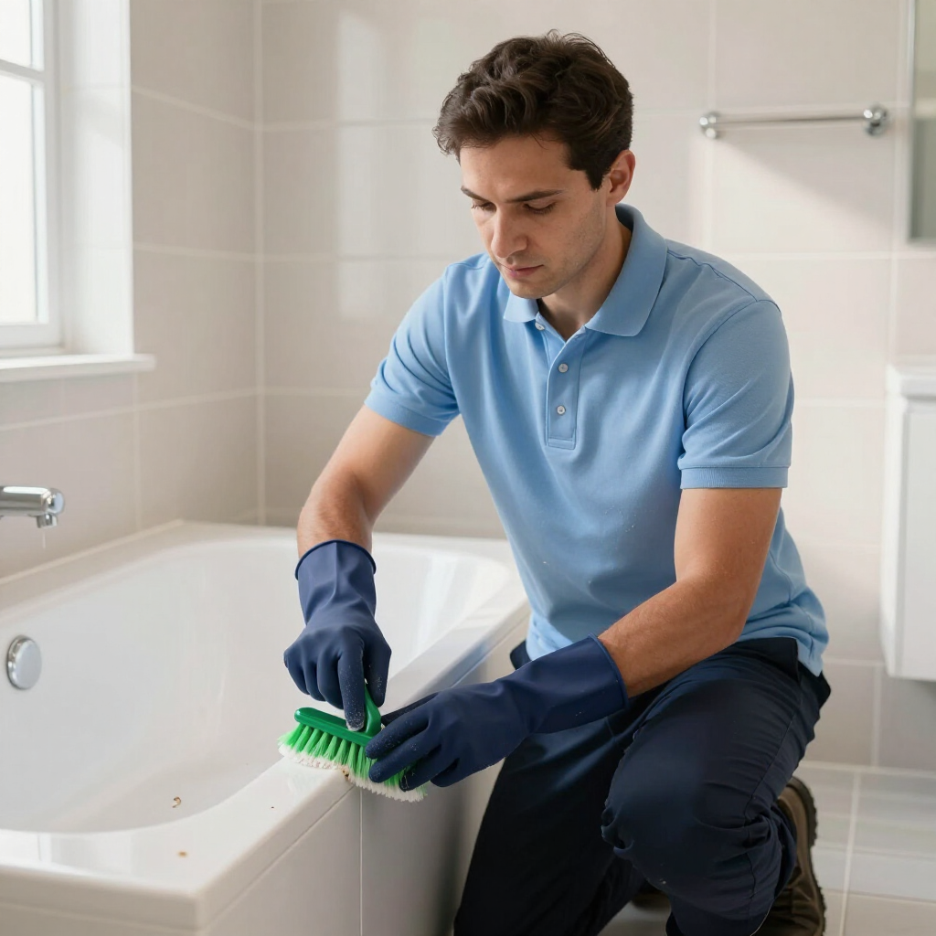 Man in blue shirt scrubbing a white bathtub with a brush while kneeling in a bathroom