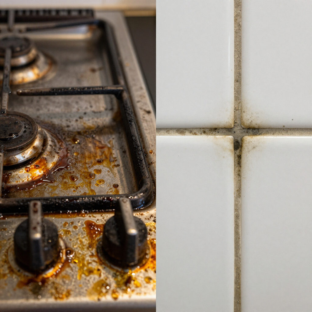 Dirty gas stove with burnt grease and stained white tile backsplash