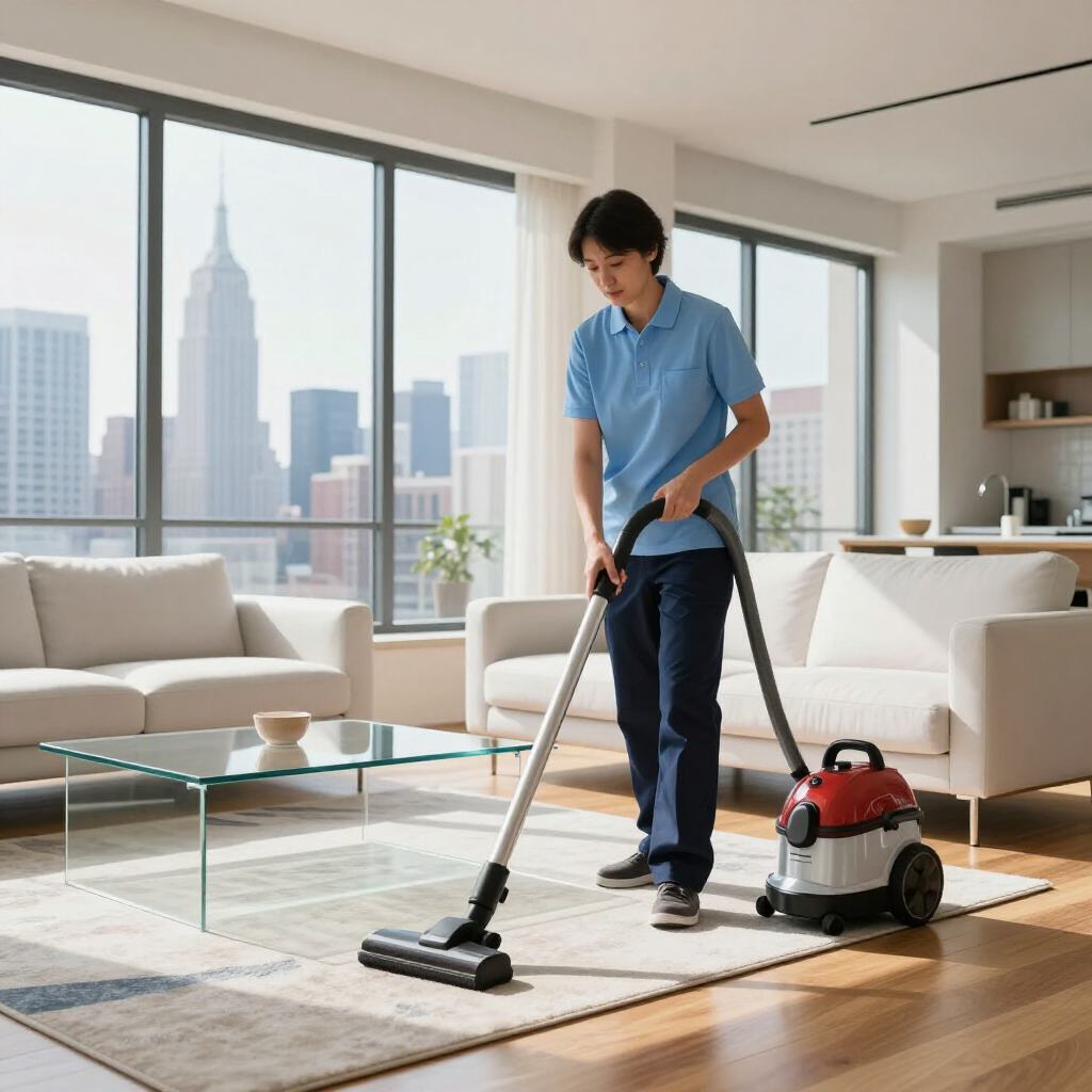 Person vacuuming a bright living room with a city view and red canister vacuum