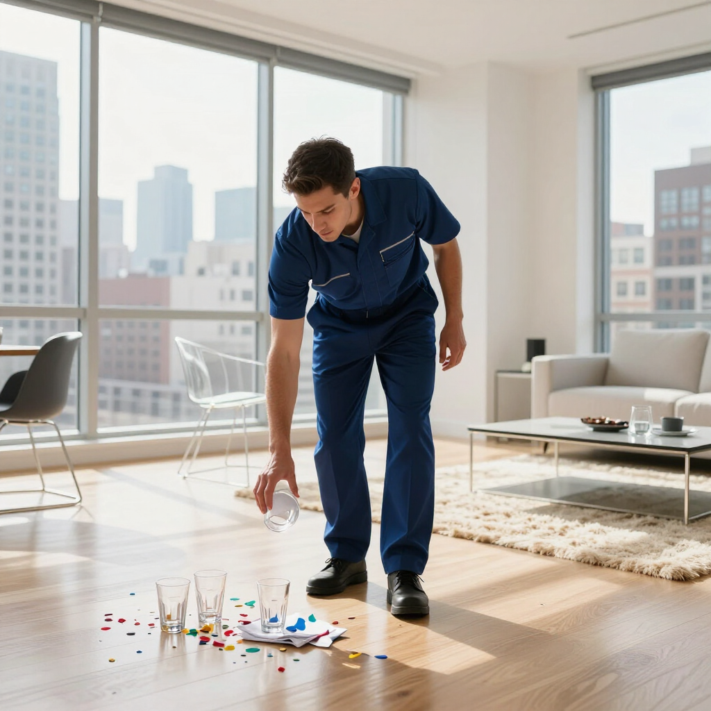 Person in blue workwear cleaning spilled paint on a bright apartment floor near a window.