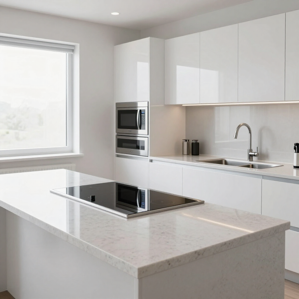 Modern white kitchen with island, built-in oven, and large window