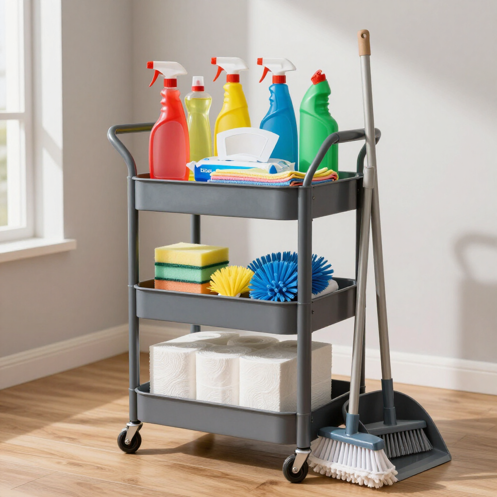 Cleaning cart with spray bottles, sponges, cloths, and mops in a bright room