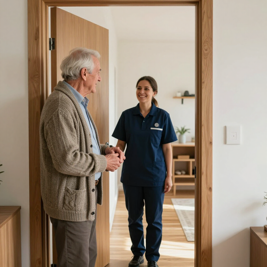 Caregiver in navy uniform greeting an older man in a doorway of a bright home