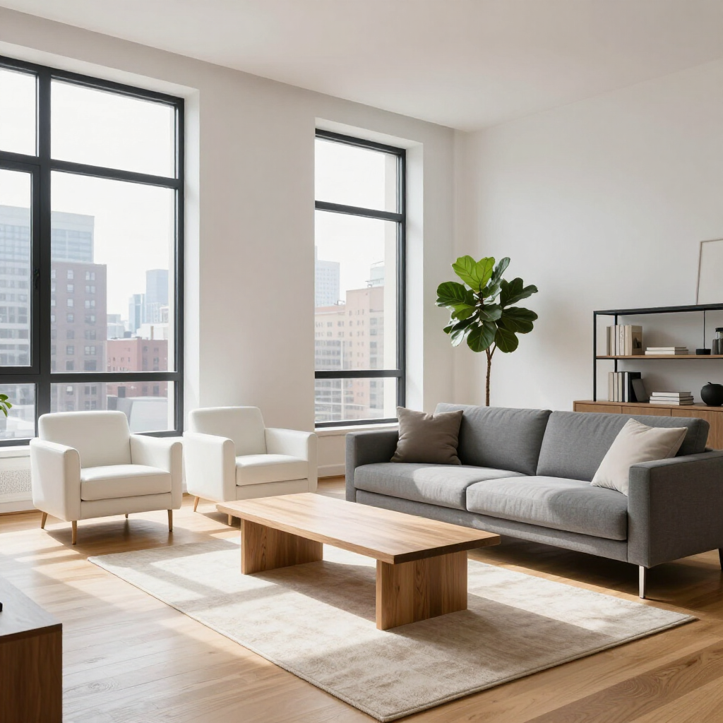 Modern living room with gray sofa, white armchairs, wooden coffee table, and large windows with city view