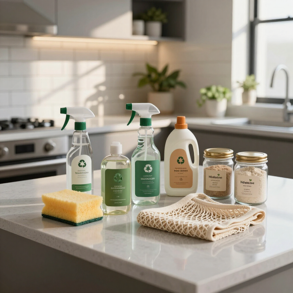 Green cleaning supplies and sponges on a kitchen counter by a sunlit sink and stove.