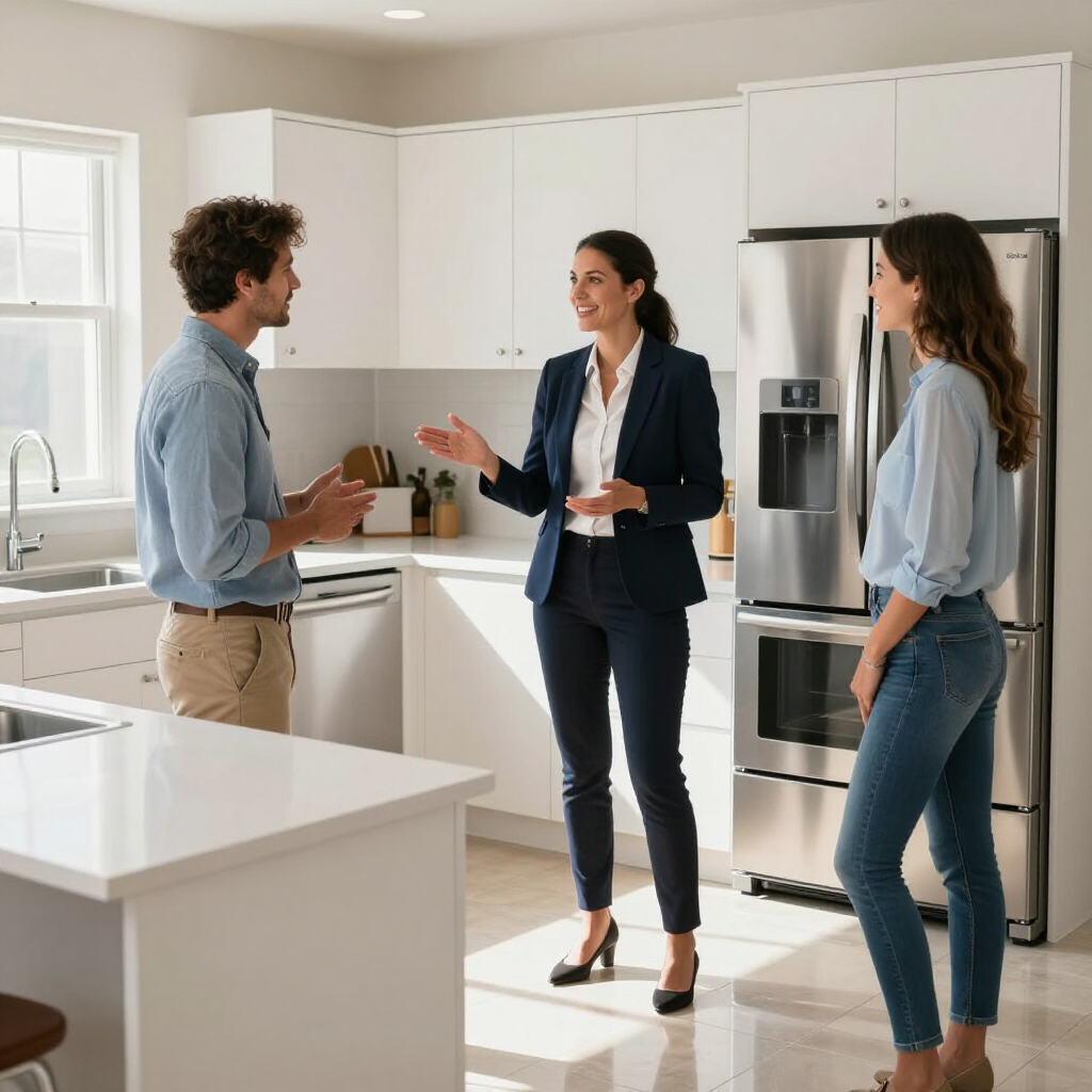 Three people talking in a bright modern kitchen with white cabinets and stainless steel appliances