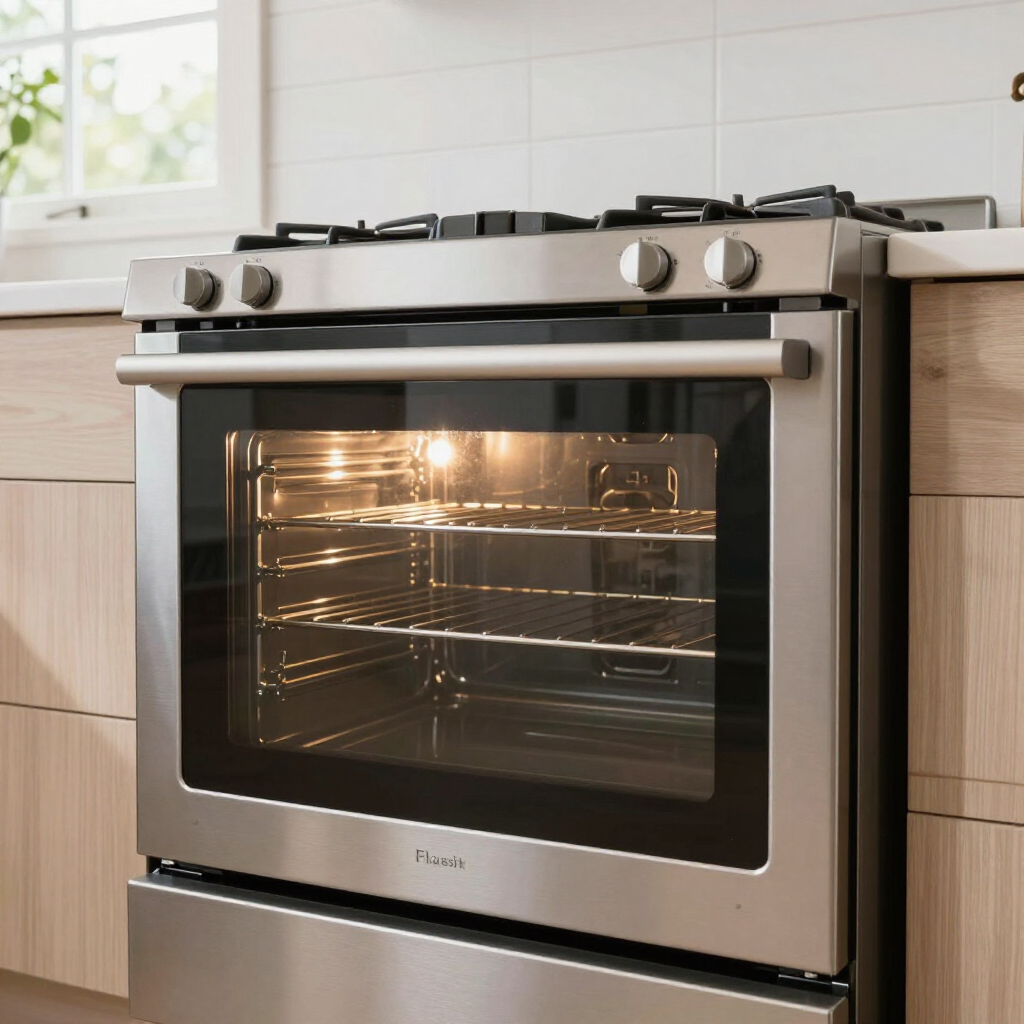 Stainless steel oven with lit interior, built into a modern kitchen counter beneath a gas cooktop.