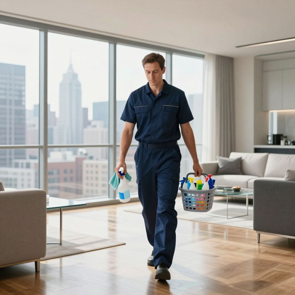 Cleaner carrying cleaning supplies in a modern living room with city views