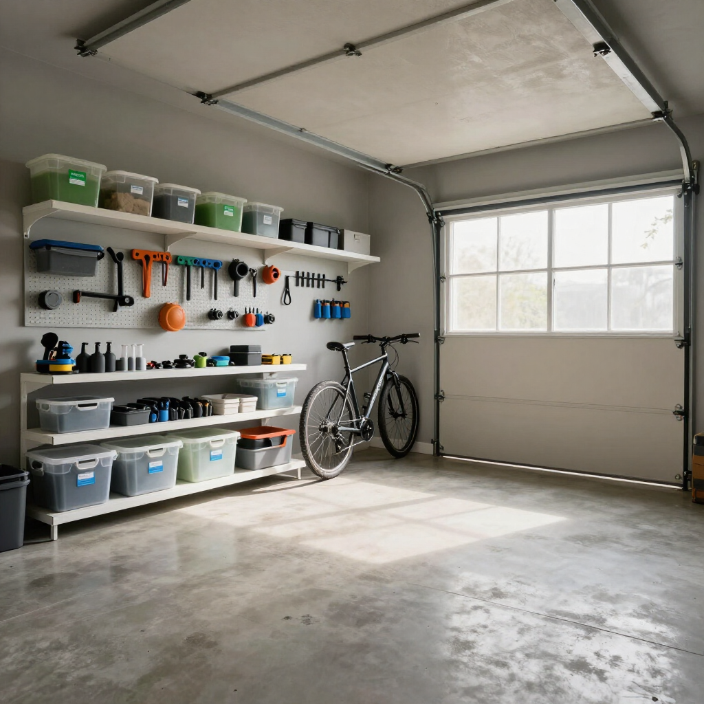 Bright garage with wall shelves, tools, storage bins, and a bicycle by a windowed garage door