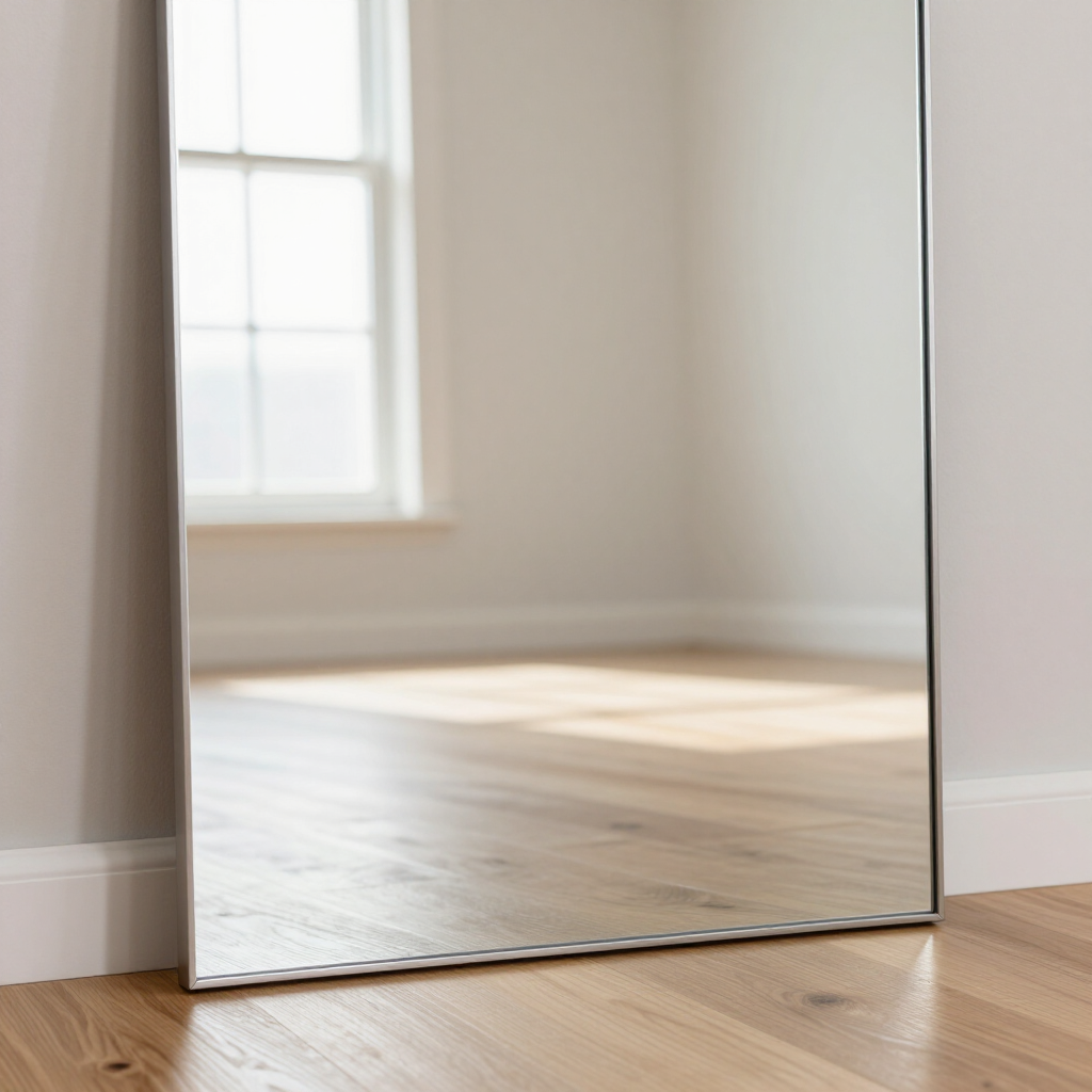Bright empty room with hardwood floor and a large wall mirror reflecting a window.