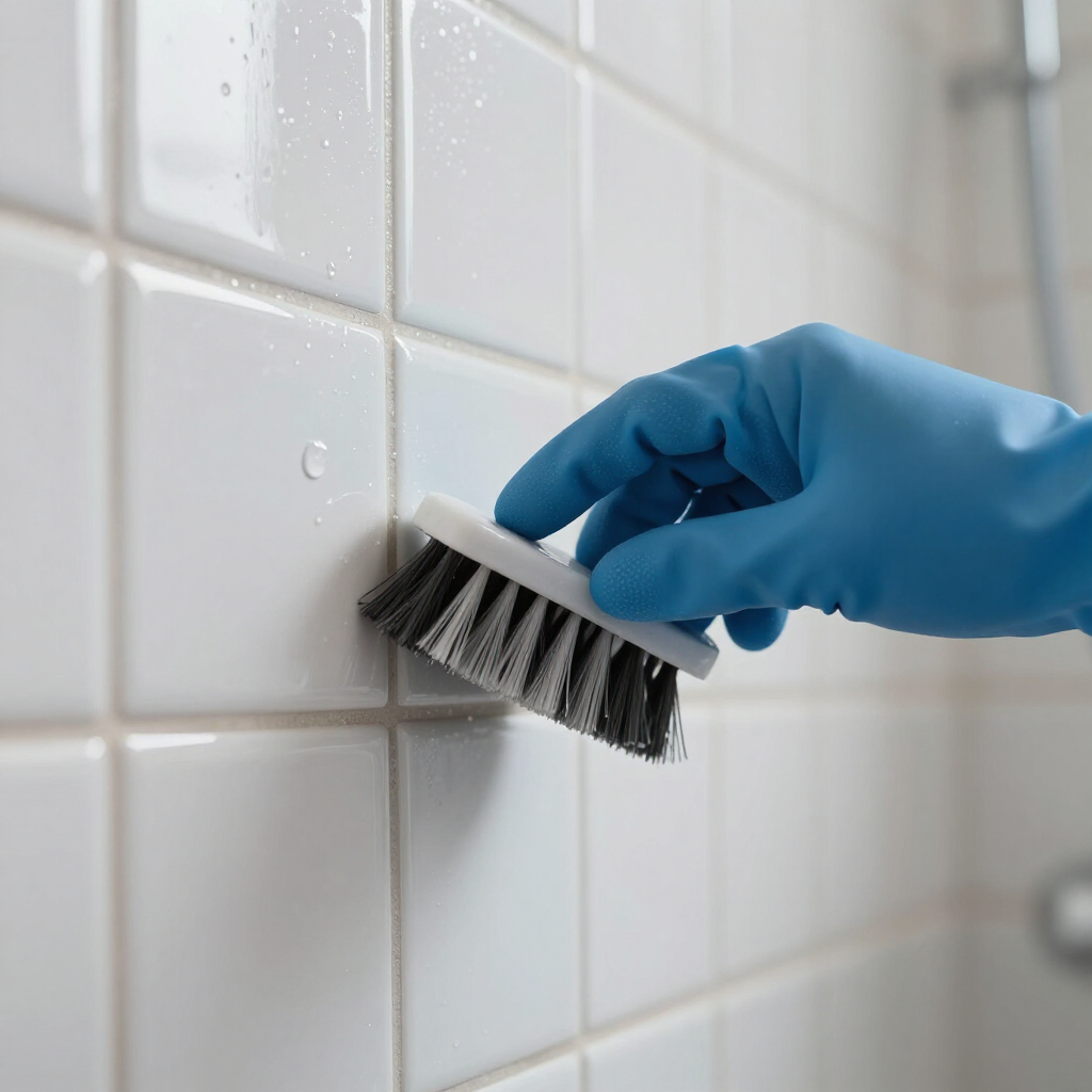 Blue-gloved hand scrubbing white tile grout with a brush
