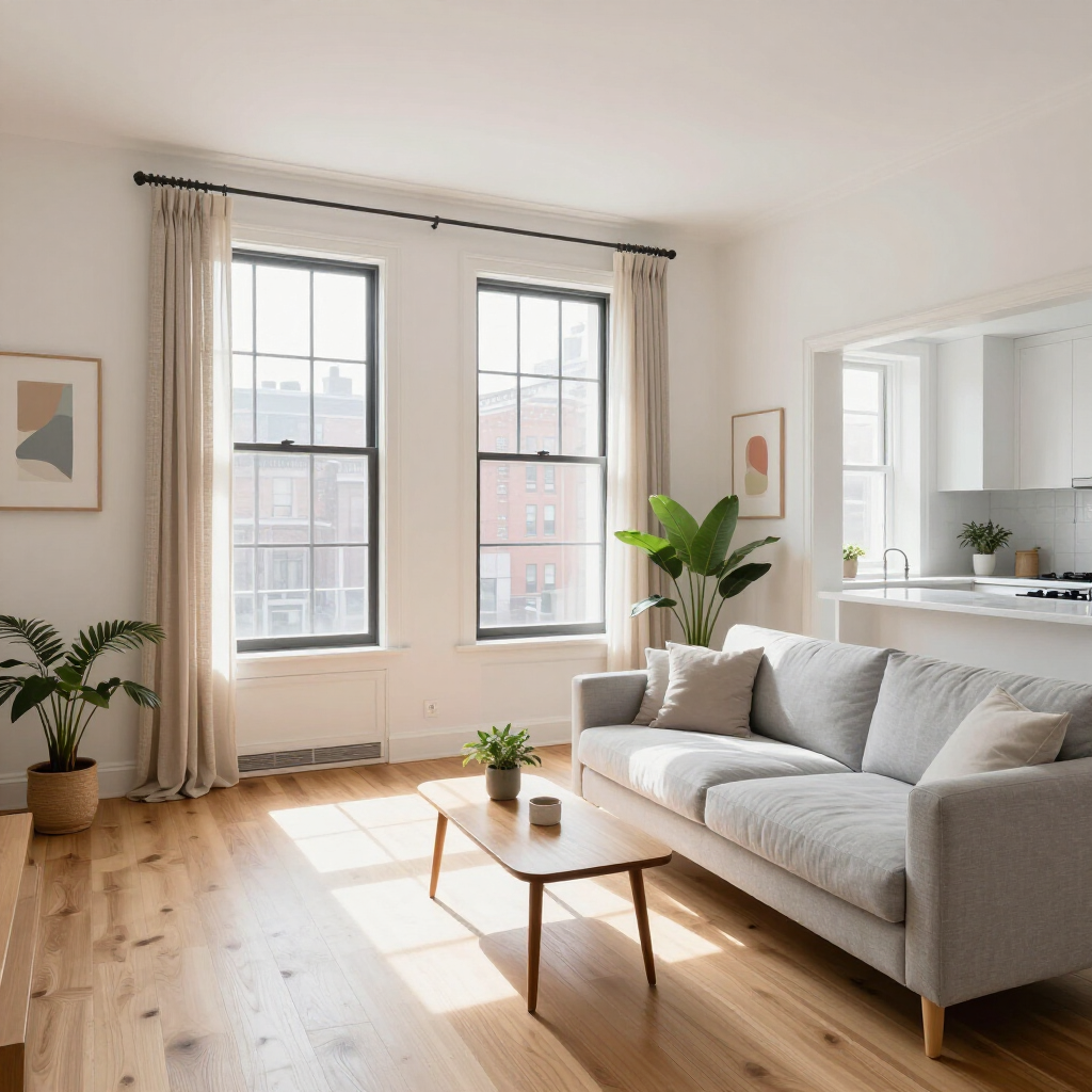 Bright living room with gray sofa, coffee table, large windows, and potted plants in warm sunlight