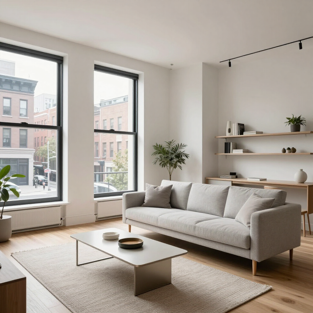 Bright modern living room with a gray sofa, wooden coffee table, shelves, plants, and large windows.