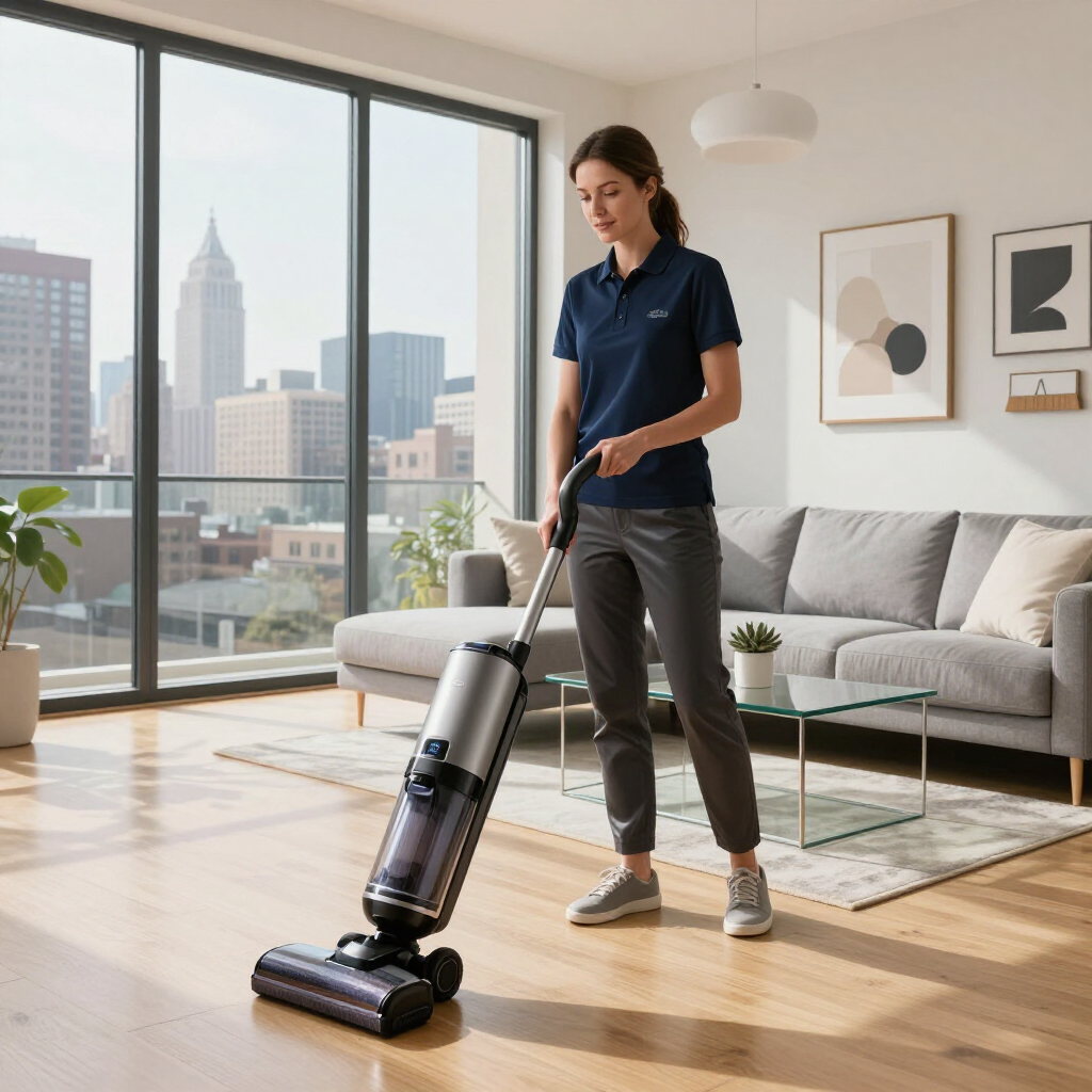 Woman vacuuming a bright living room with city skyline windows behind her