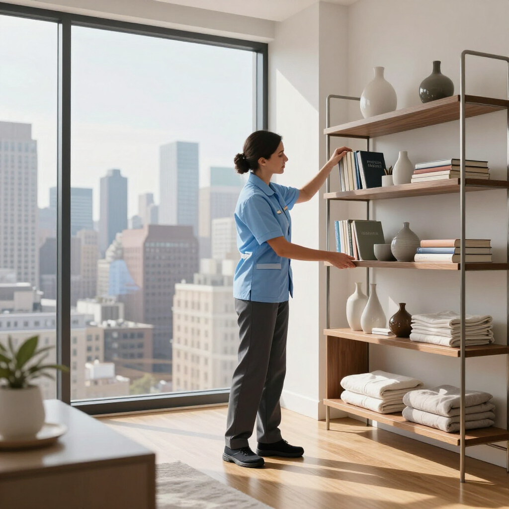 Person arranging folded towels on shelves in a bright room with a city view