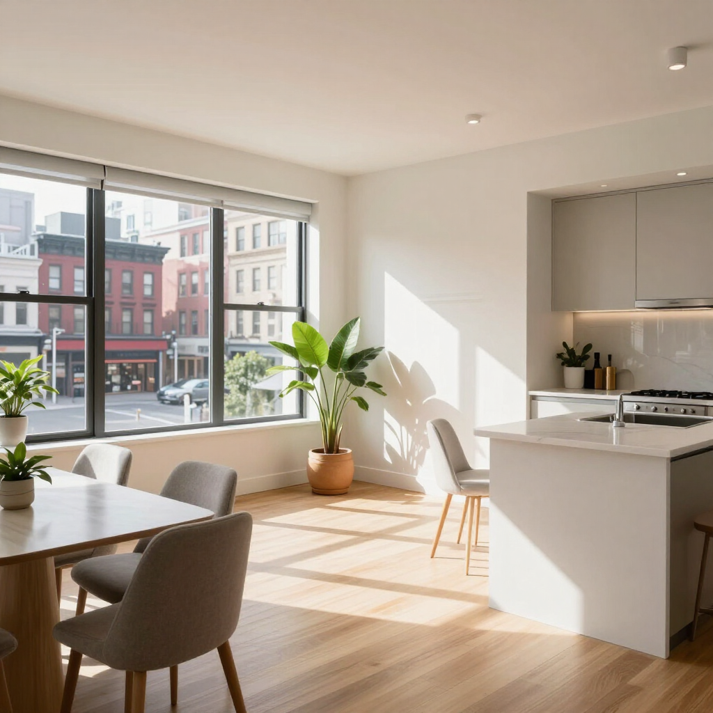 Bright modern kitchen and dining room with large windows, potted plants, and sunlight on the floor