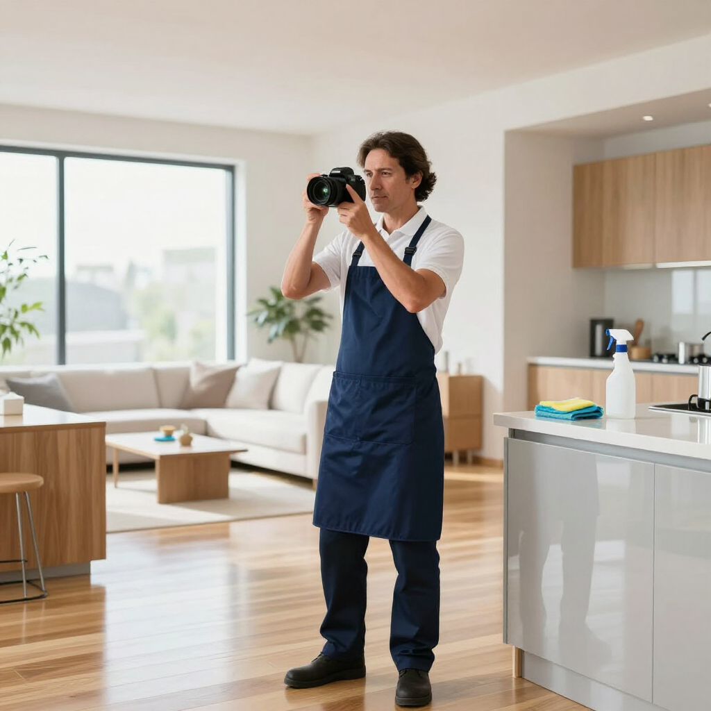 Photographer in blue apron taking a photo in a bright modern kitchen and living room