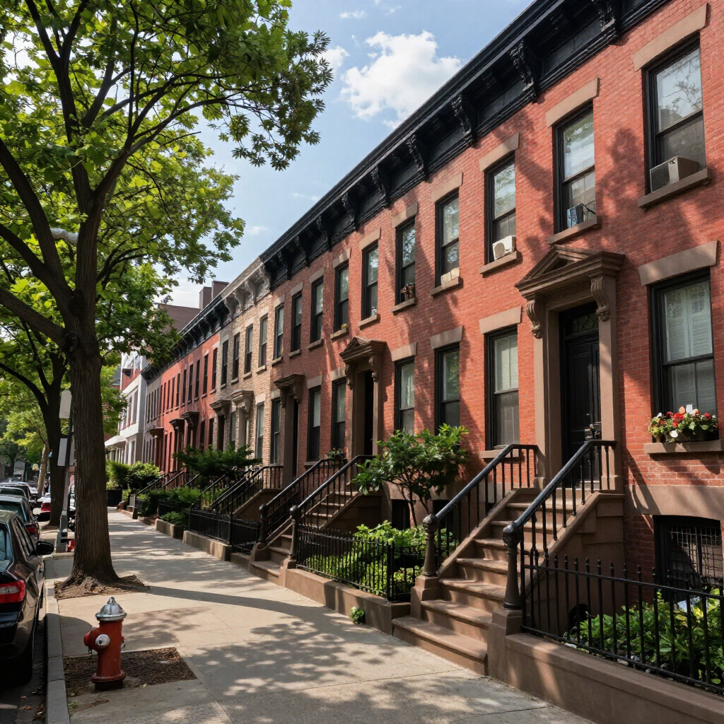Row of red brick townhouses with stoops on a leafy city street under a blue sky