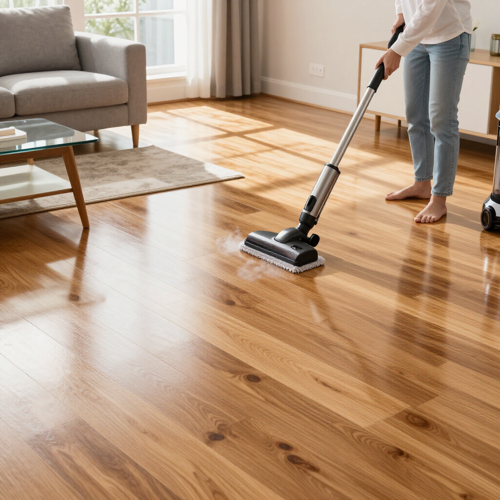 Person vacuuming a sunlit hardwood floor in a bright living room