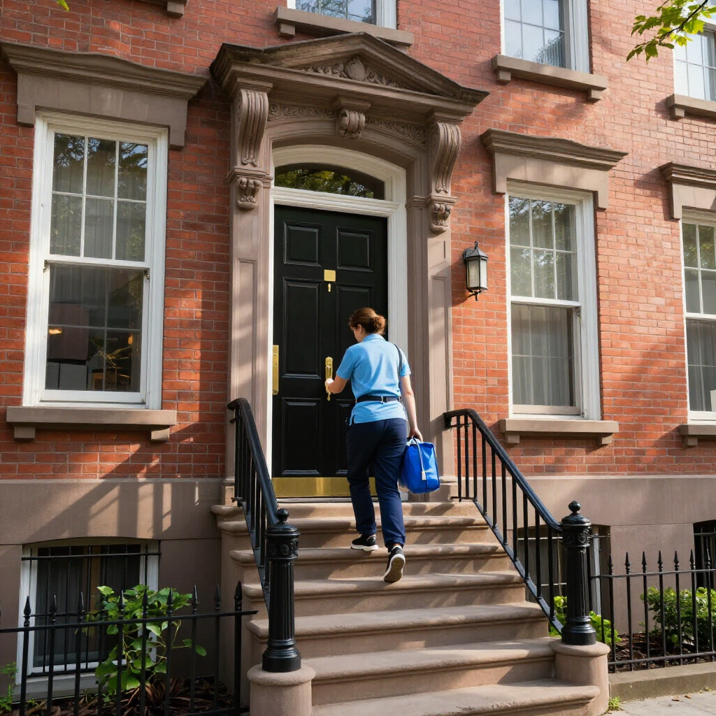 Person carrying a blue bag walks up brownstone steps toward a black front door.