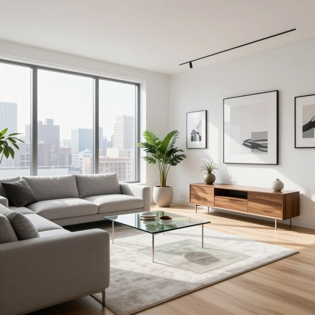 Bright modern living room with gray sectional, glass coffee table, wood console, and city-view windows