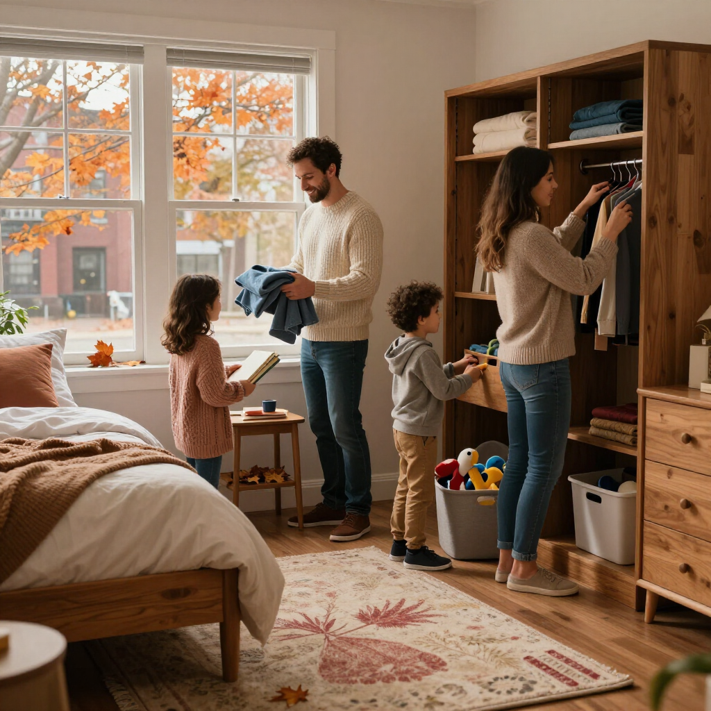 Family unpacking clothes in a cozy bedroom with a bed, window, and wooden wardrobe