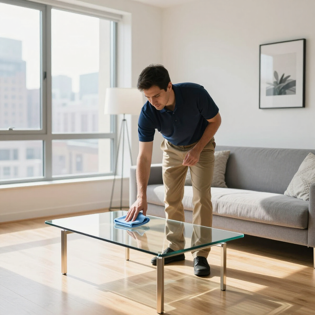 Person cleaning a glass coffee table in a bright living room with a sofa and large windows