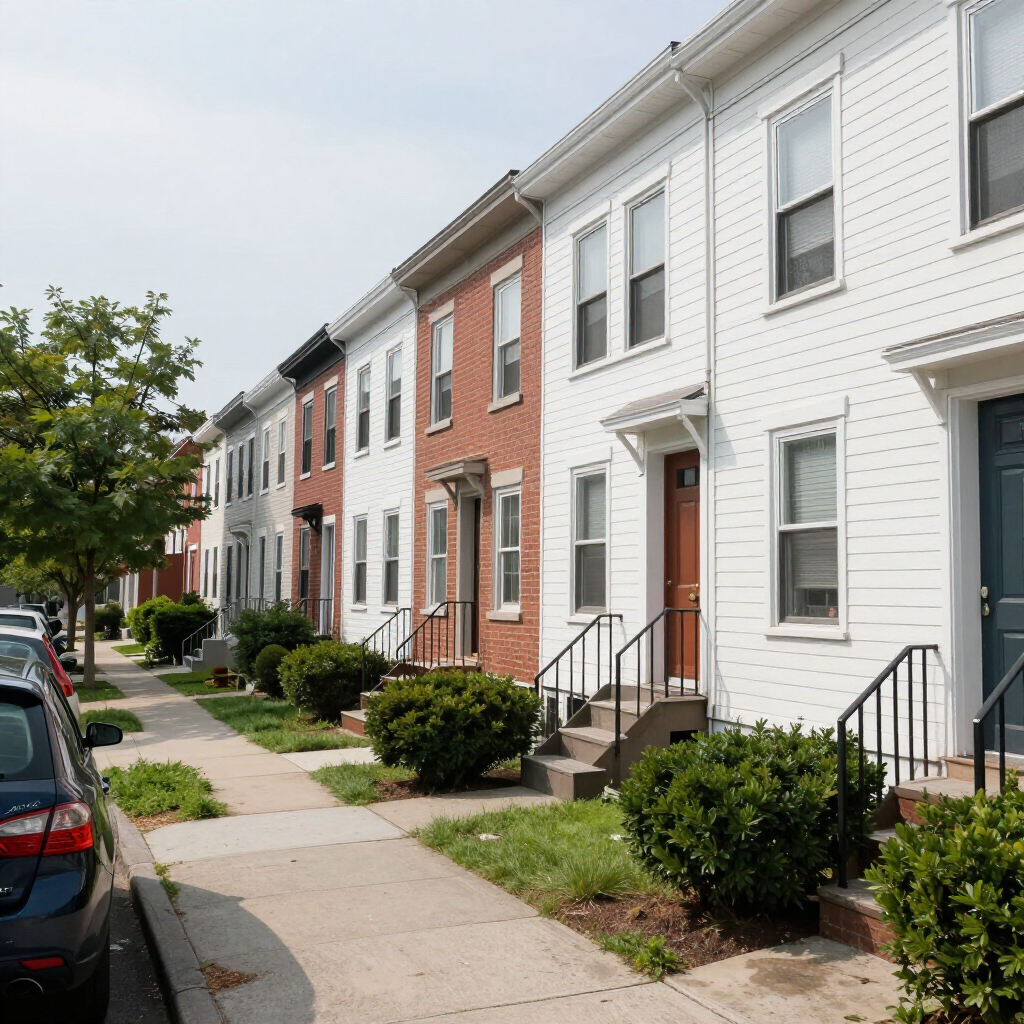 Row of attached townhouses along a sidewalk, with parked cars, shrubs, and a tree-lined street.