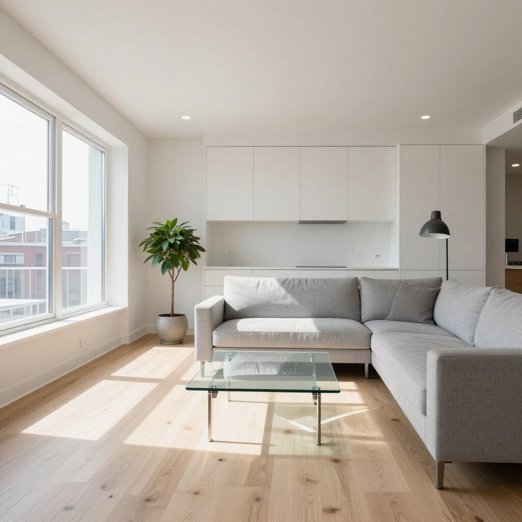 Bright modern living room with gray sectional sofa, glass coffee table, large window, and built-in white cabinets.