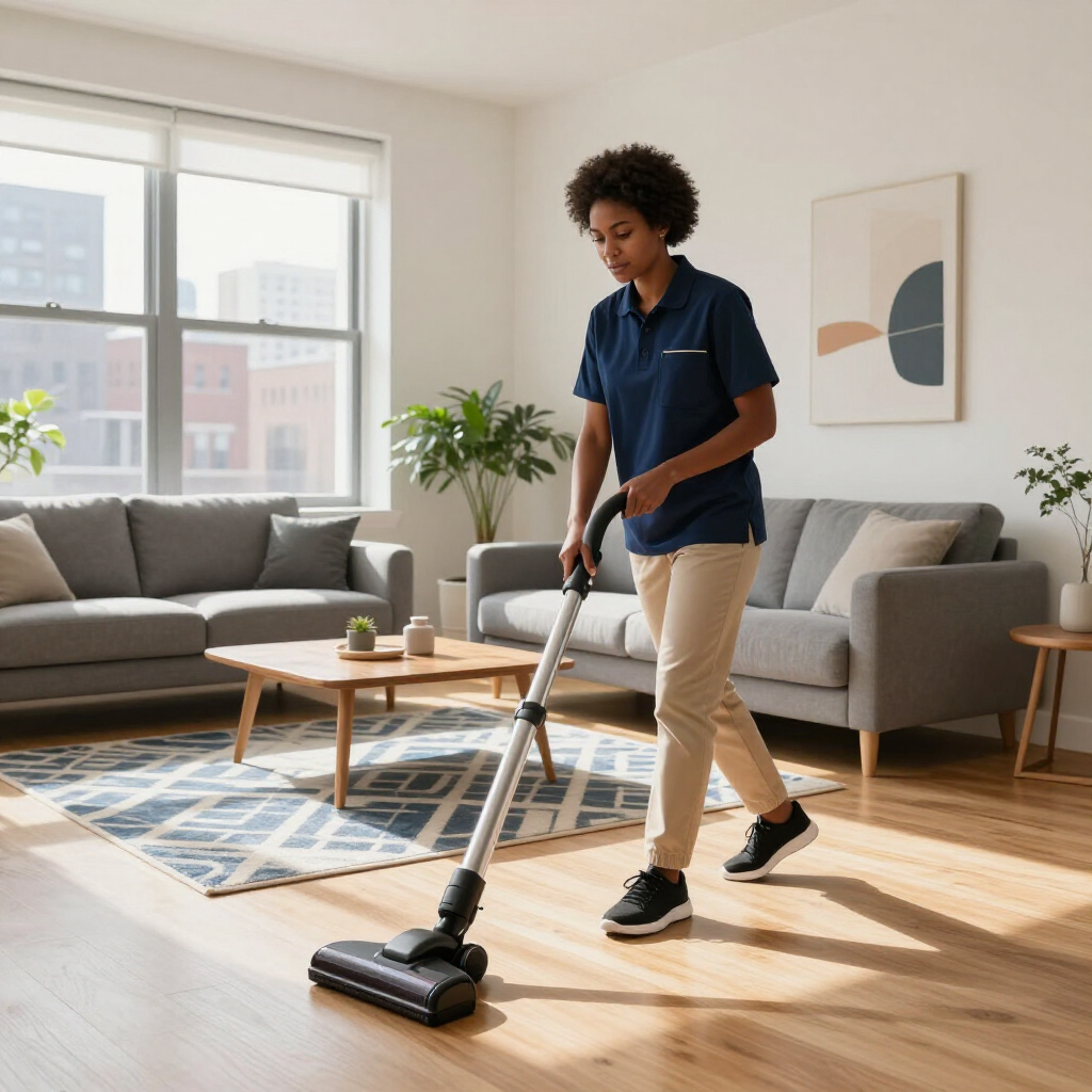 Person vacuuming a bright living room with a cordless stick vacuum.