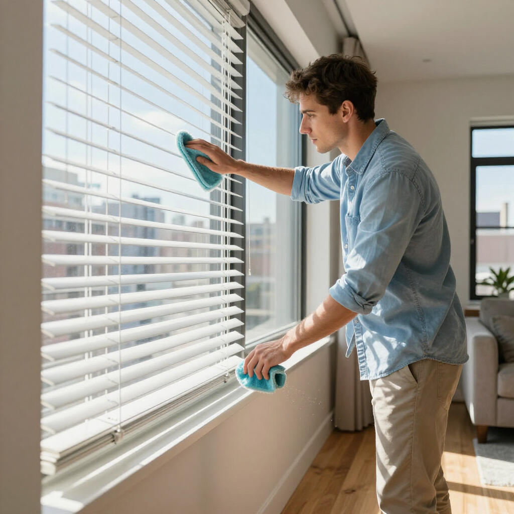 Person cleaning white window blinds with blue cloth in a sunlit room