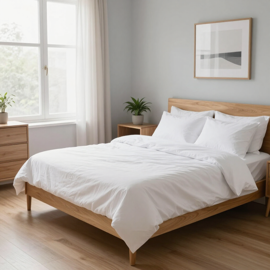 Bright bedroom with a wooden bed, white bedding, and a window with sheer curtains