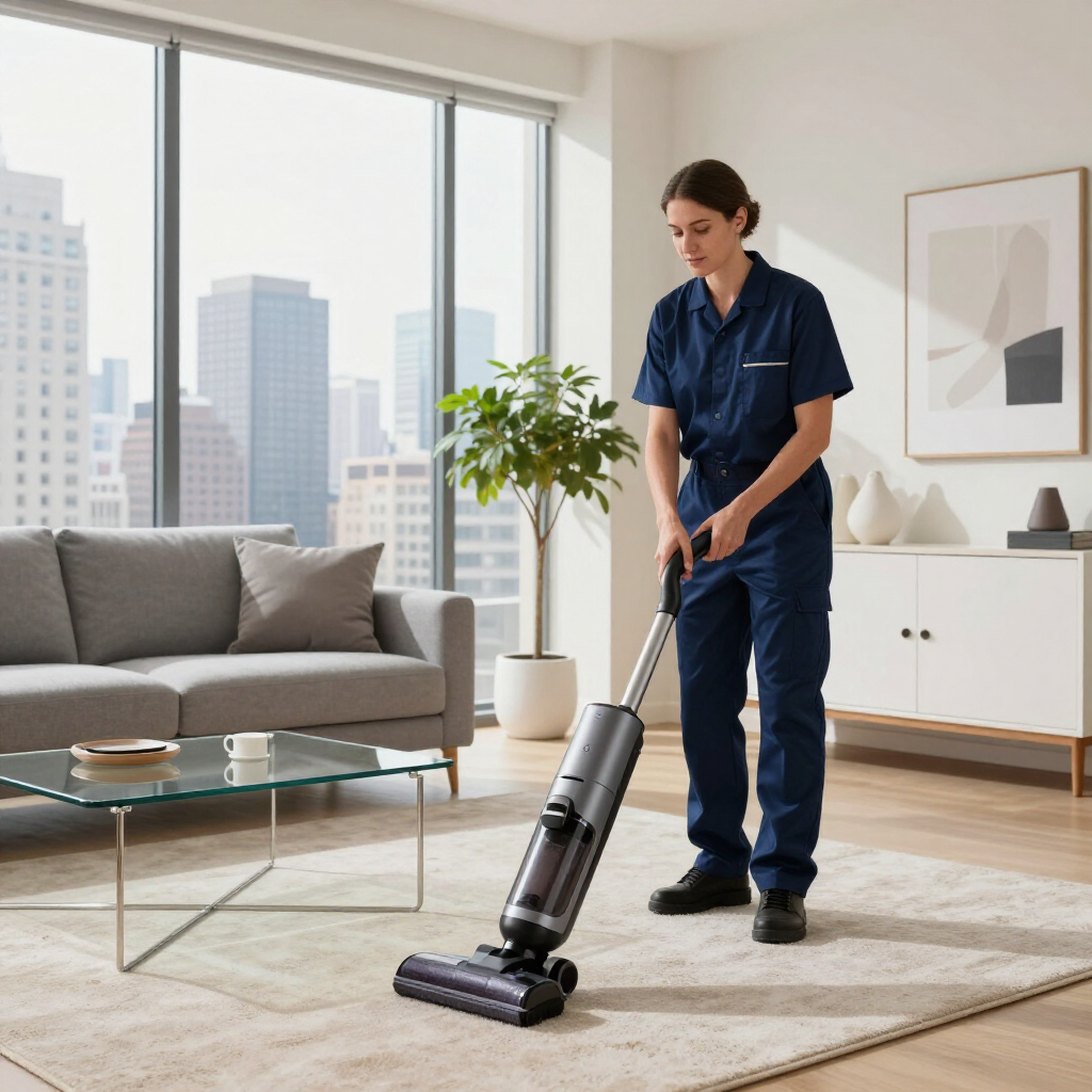Person vacuuming a light rug in a bright modern living room with large windows