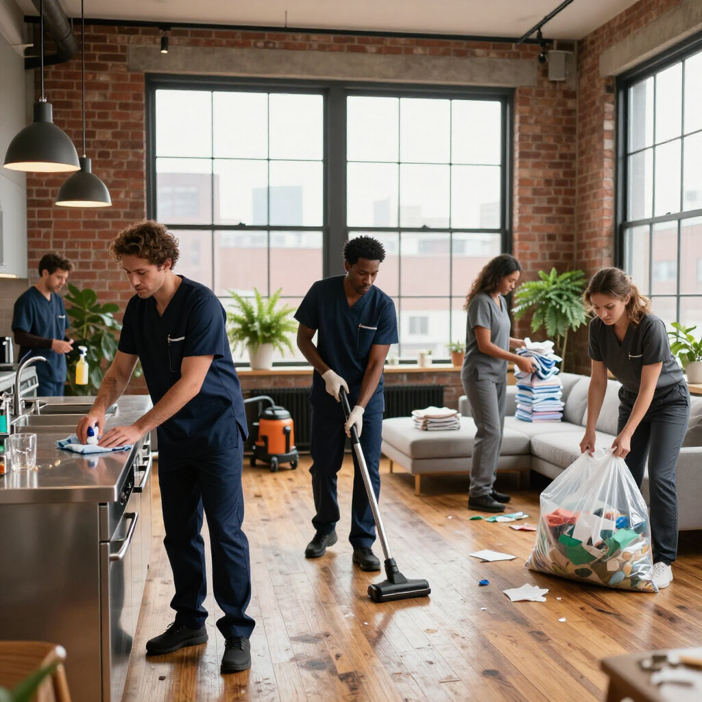 People cleaning a bright loft apartment with mops, vacuum, and trash bags