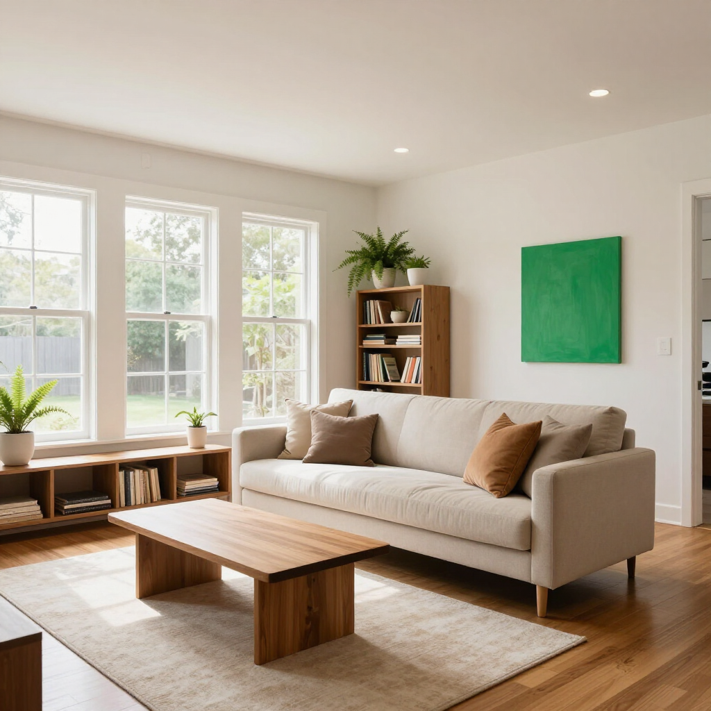 Bright living room with beige sofa, wooden coffee table, large windows, and a green wall art panel.