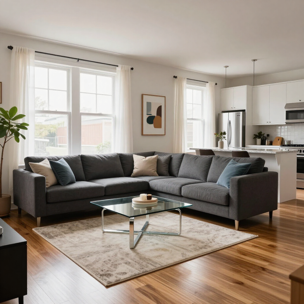 Bright modern living room with gray sectional sofa, glass coffee table, and sunlit windows